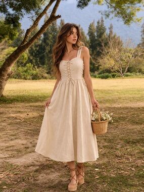 Scarlet Darkness Cream Lace-Up Midi Dress Cottagecore Renaissance Milkmaid Sz XL